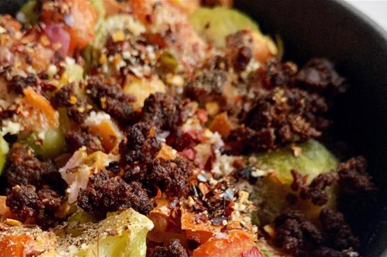 Chorizo Parmesan Brussels Sprouts Skillet