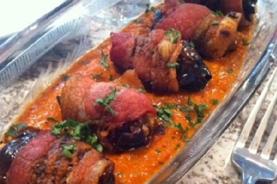 Bacon Wrapped Dates with Manchego, Romesco Sauce