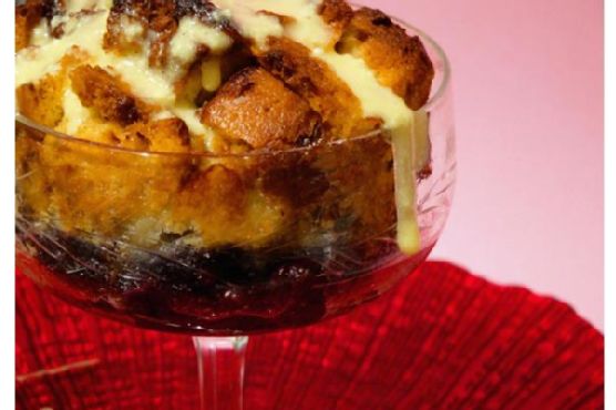 Blueberry Compote Bread Pudding With Soft Curd Cheese Sabayon