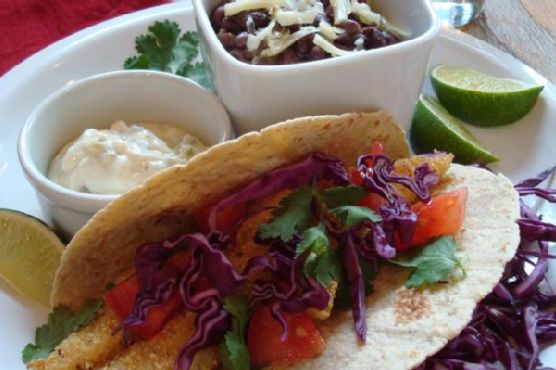 Corn-Crusted Fish Tacos With Jalapeno-Lime Sauce and Spicy Black Beans