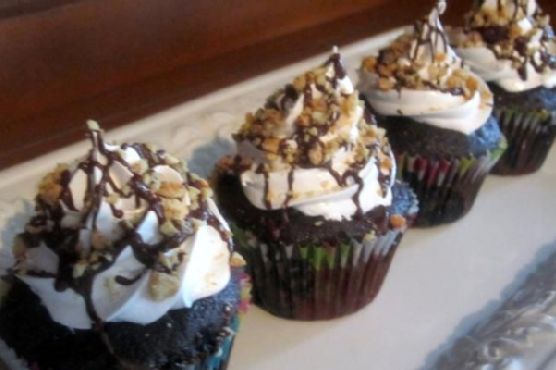 DAIRY-FREE COCOA CUPCAKES WITH PEANUT BUTTER FILLING, MARSHMALLOW FROSTING