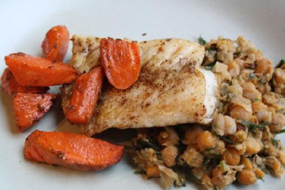 Laura Calder's Halibut With Brown Butter, Crushed Chickpeas With Olives and Roasted Cumin Carrots