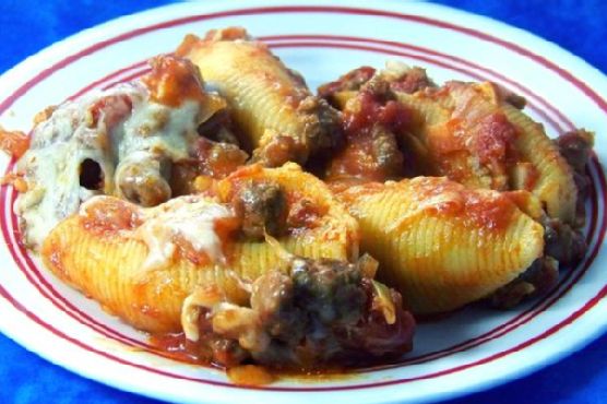 Lightened Ricotta Stuffed Shells With Italian Sausage Ragu