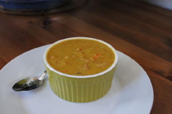 Split Pea Soup With Honey-Baked Ham, Cabbage and Roasted Red Pepper