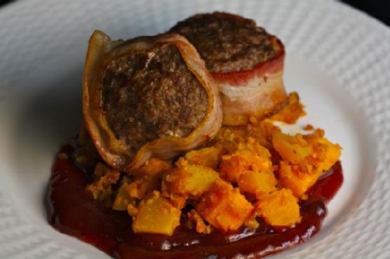 Venison Meatloaf with Blackberry BBQ Sauce and Buffalo Sweet Potato/Pumpkin Hash