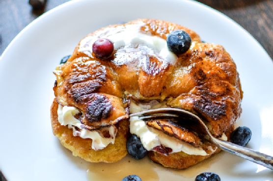 Blueberry Stuffed Croissant French Toast with Bacon